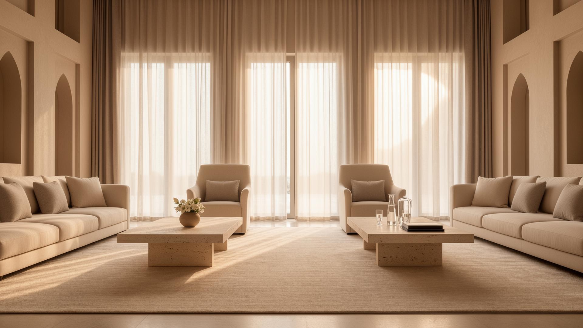 Modern Majlis interior — long beige sofas, marble table, sheer curtains diffusing daylight.